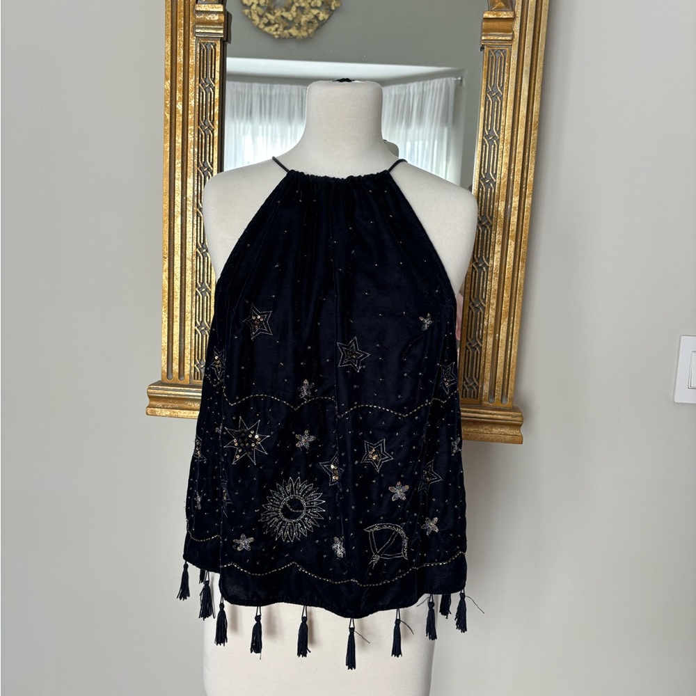 NWT Anthropologie Velvet Embroidered Celestial Halter Top